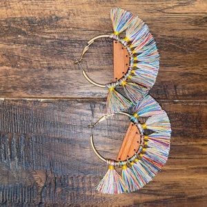 Gold Hoop Earrings with Rainbow Tassels